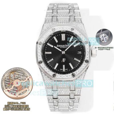 OMF Super Clone New Audemars Piguet Royal Oak Black Face White Gold Full Diamond Watch 